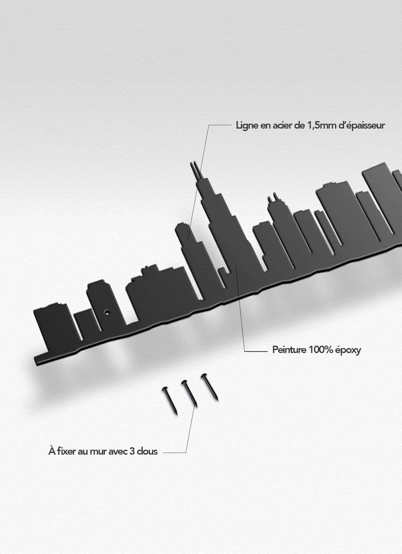 Ajoutez un hommage élégant à Chicago avec la silhouette de The Line : une perspective depuis les rives du lac Michigan.