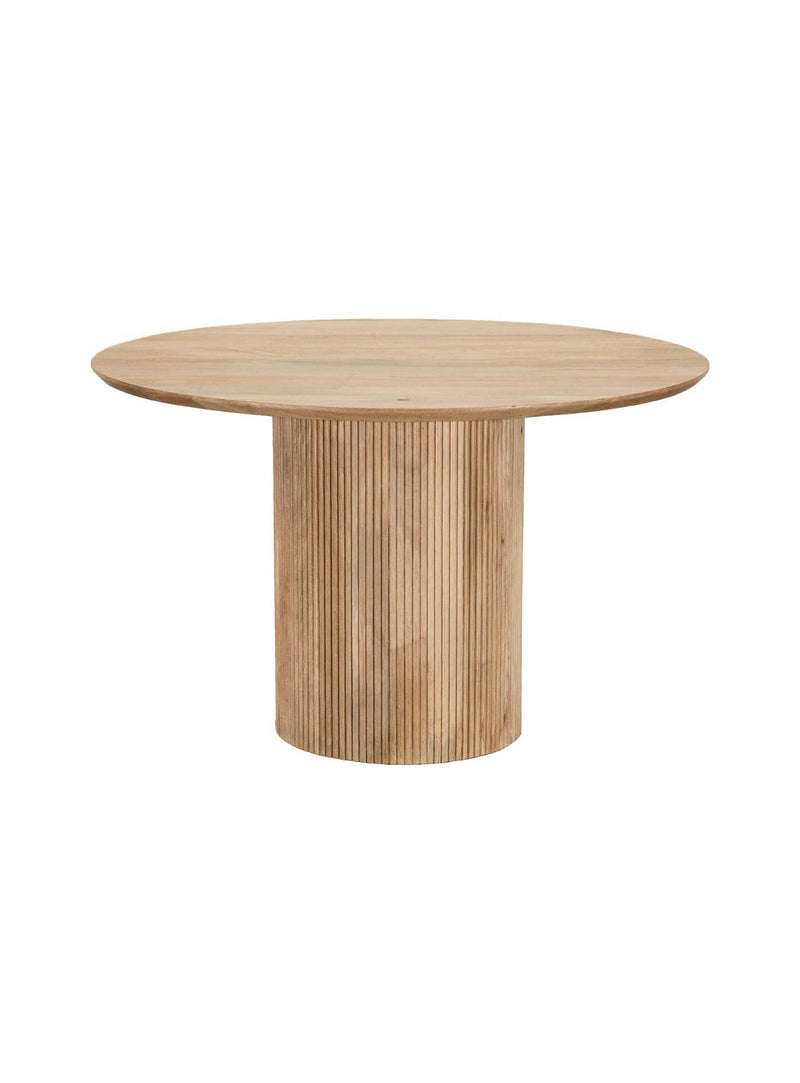 Découvrez la table ronde Cylinder : en bois de manguier massif, elle allie beauté organique, robustesse et élégance intemporelle.