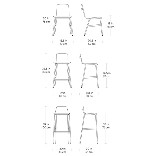 Lecture, chaises et tabourets par Gus* Modern, dimensions