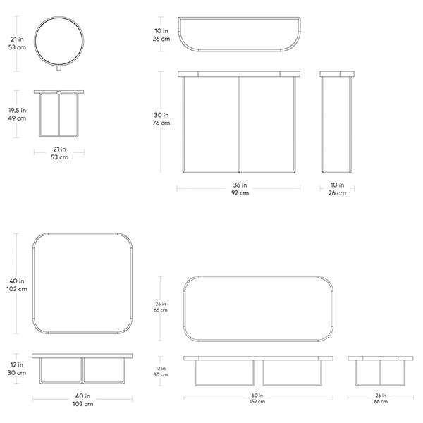 Porter, tables par Gus* Modern, dimensions 