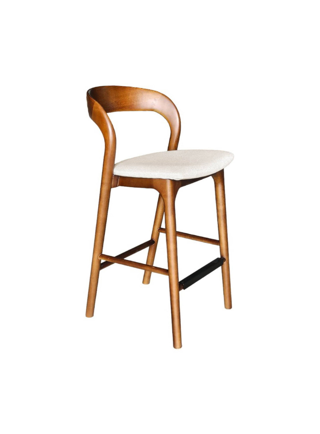 Découvrez le tabouret Rotondo : en bois de frêne massif avec une assise rembourrée et un repose-pieds en métal noir, alliant confort et élégance. Noyer.