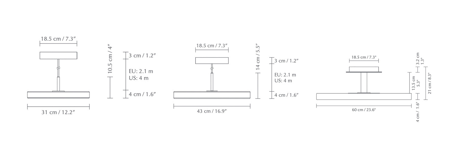 Asteria, lampe à suspendre ou à fixer au plafond, par Umage, dimensions