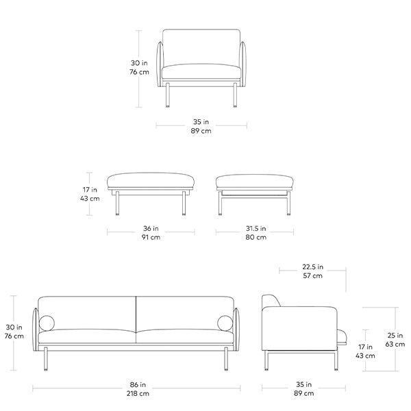 Foundry, sofa et fauteuil par Gus* Modern, dimensions