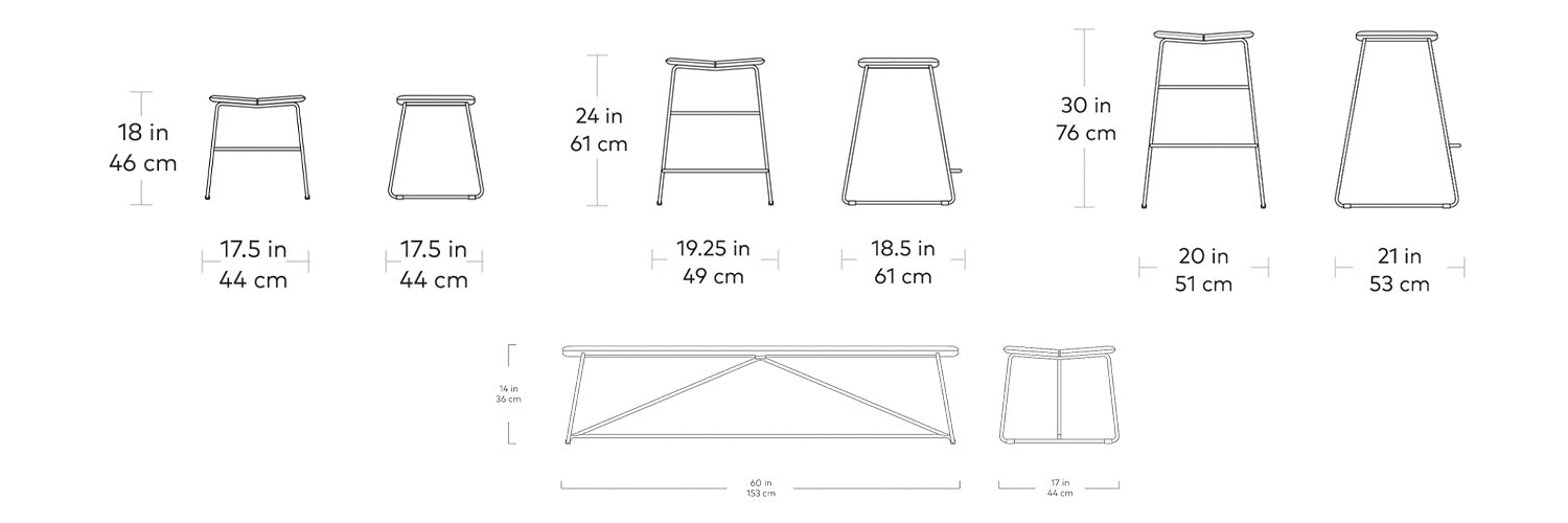 Aero, tabourets et banc en bois et métal, par Gus* Modern, dimensions