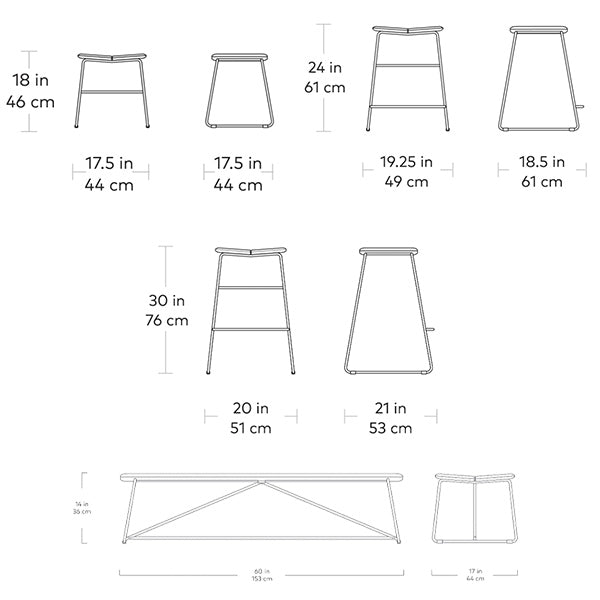 Aero, tabourets et banc en bois et métal, par Gus* Modern, dimensions