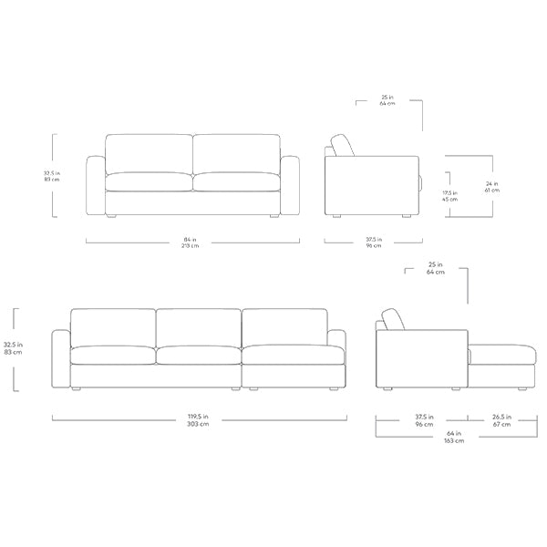 Sofa et sofa bi-sectionnel Ashdale de Gus* Modern, dimensions