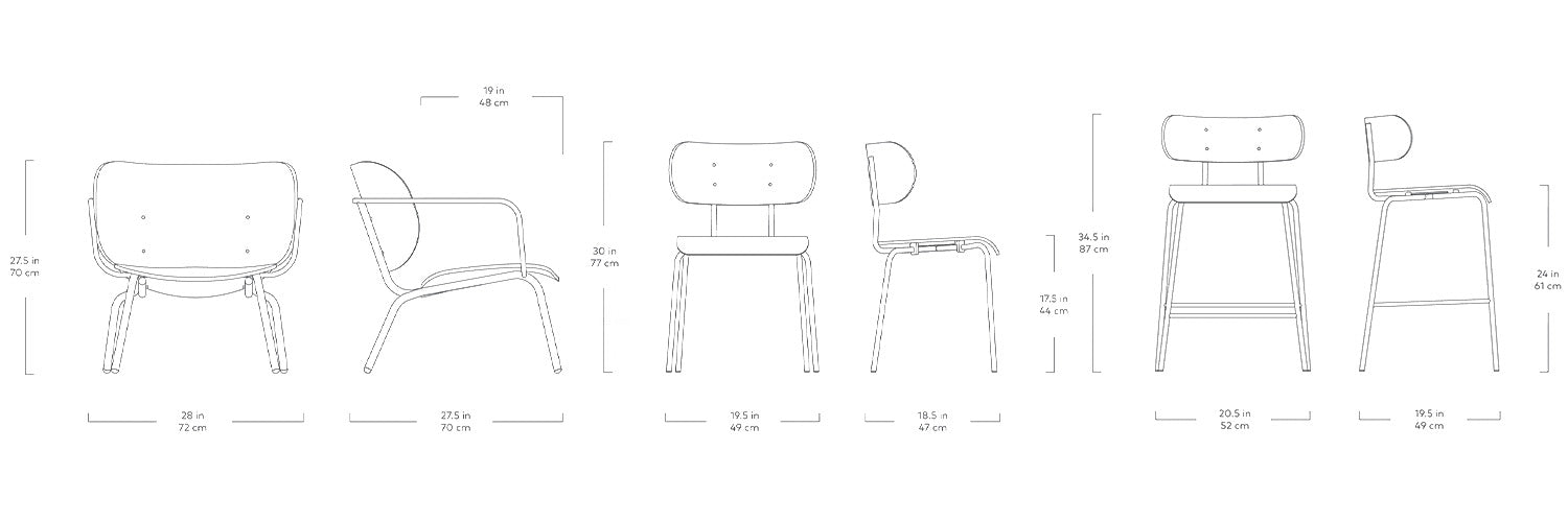 Bantam, chaises et tabourets par Gus* Modern, dimensions