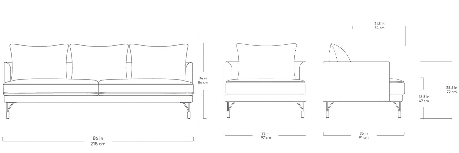 Gus* Modern Highline, sofa confortable de 3 places et fauteuil, en métal, bois et tissu, dimensions