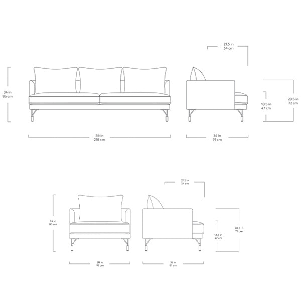 Gus* Modern Highline, sofa confortable de 3 places et fauteuil, en métal, bois et tissu, dimensions