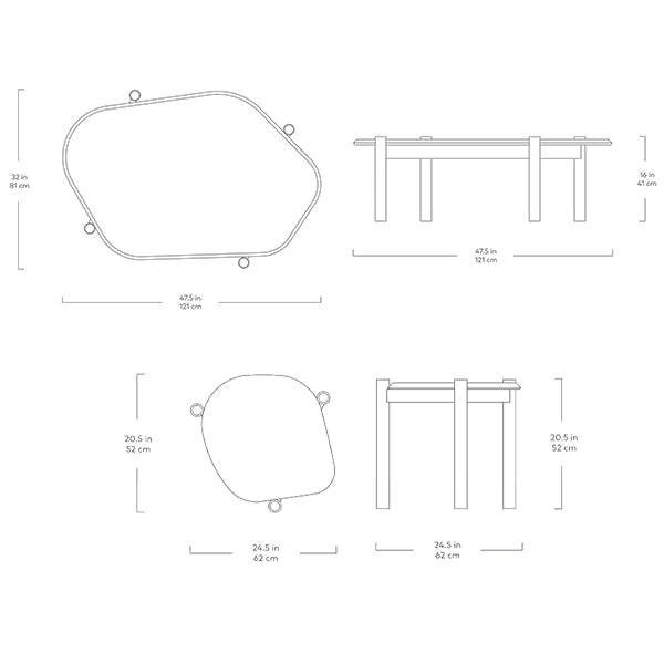 Les tables à café et d'appoint Monarch de Gus* Modern, en bois, dimensions.