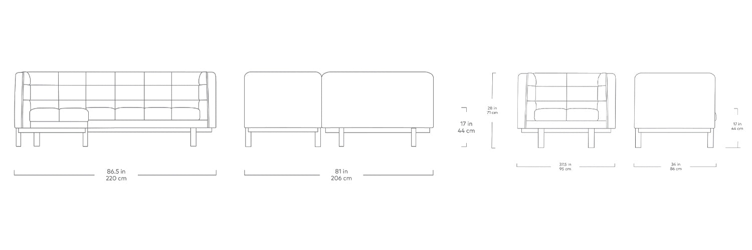 Mulholland, fauteuil et sofa sectionnel, en tissu, par Gus* Modern, dimensions