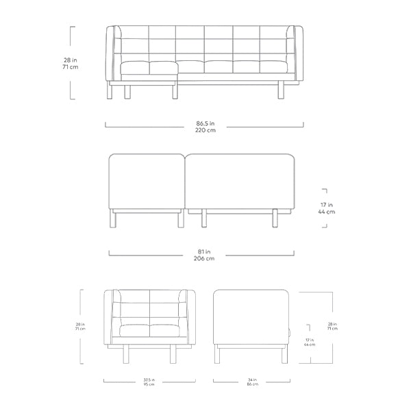 Mulholland, fauteuil et sofa sectionnel, en tissu, par Gus* Modern, dimensions