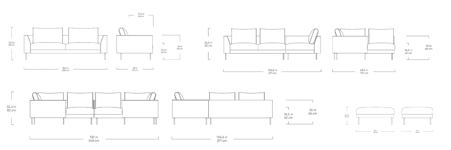 Renfrew, sofa sectionnel et ottoman, en tissu, par Gus* Modern, dimensions