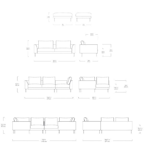 Renfrew, sofa sectionnel et ottoman, en tissu, par Gus* Modern, dimensions