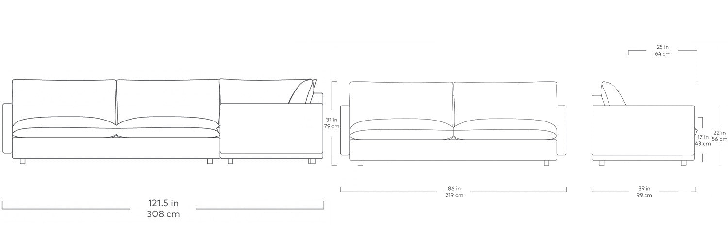 Gus* Modern Sola, sofa et sofa bi-sectionnel confortable, en bois et tissu, dimensions