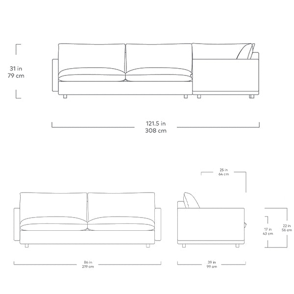 Gus* Modern Sola, sofa et sofa bi-sectionnel confortable, en bois et tissu, dimensions