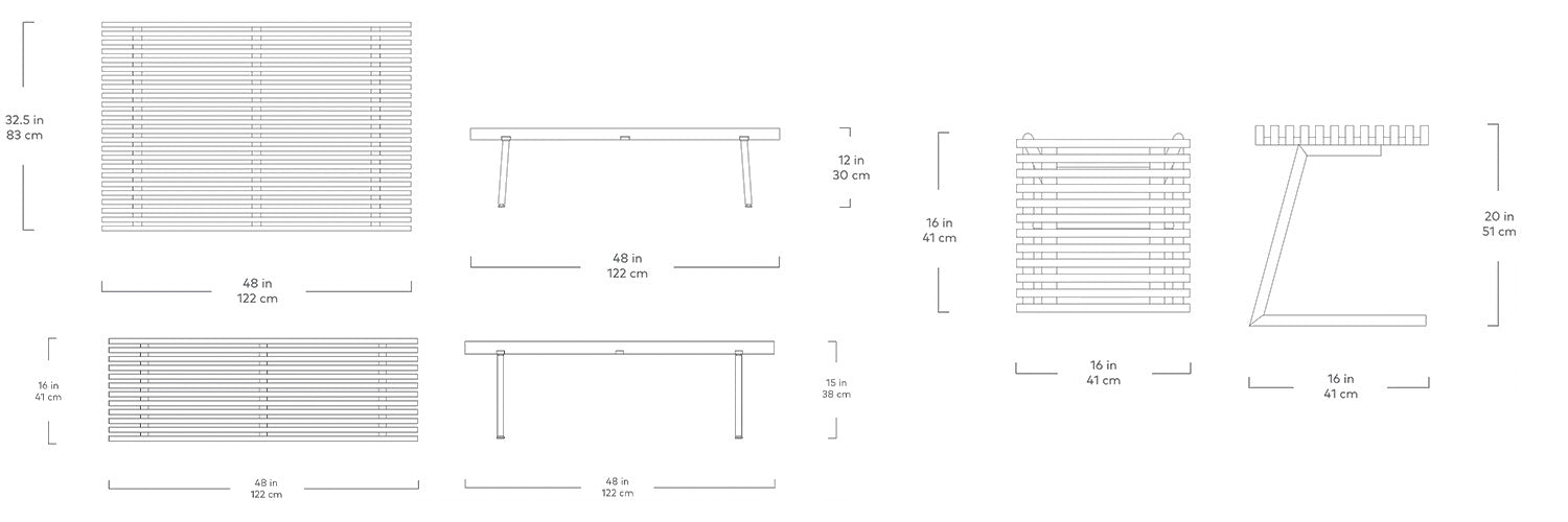 Transit, banc, table à café et table d'appoint en bois et acier, par Gus* Modern, dimensions