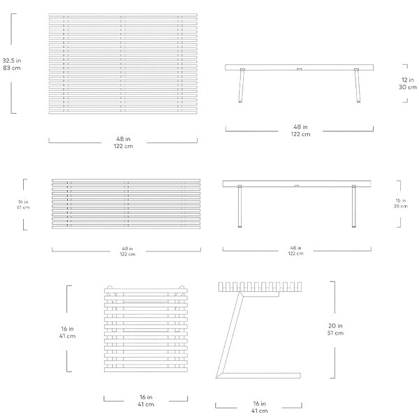 Transit, banc, table à café et table d'appoint en bois et acier, par Gus* Modern, dimensions