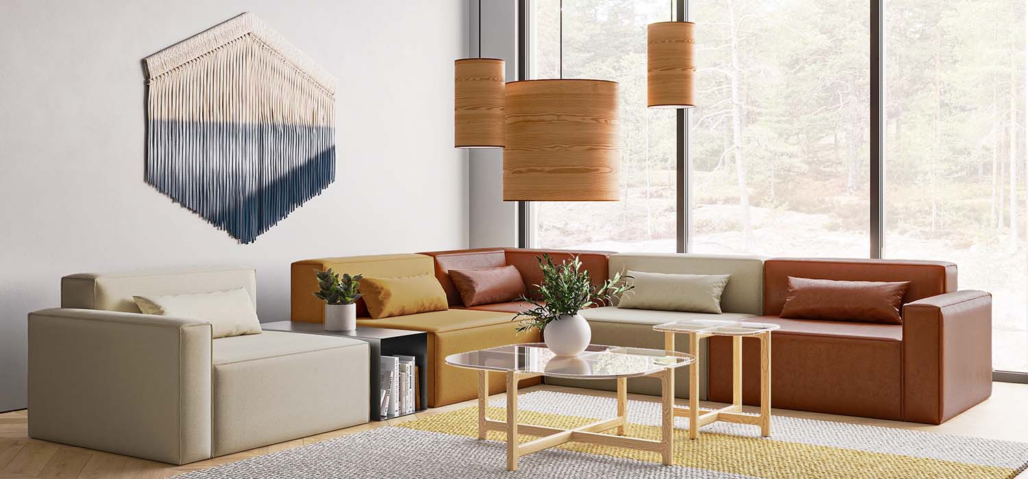 La collection Mix Modular de Gus* Modern utilise différents composants de base (bras gauche, bras droit, sans bras, coin, arc, coin, ottoman, bloc en bois et boîte de rangement) qui peuvent être combinés pour créer un nombre illimité de configurations.