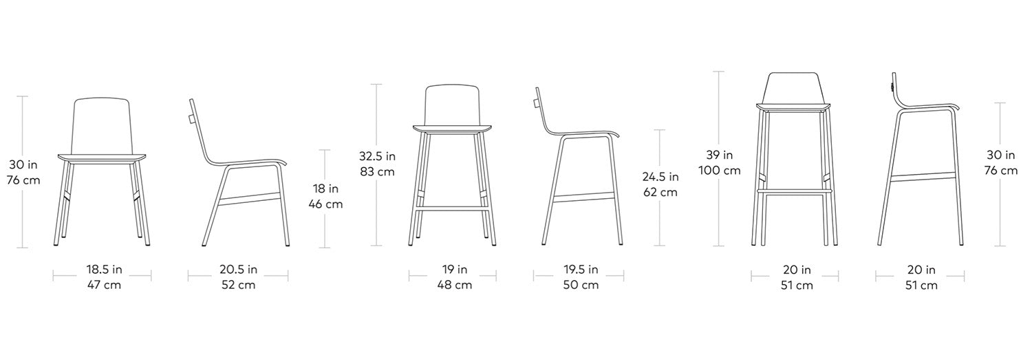 Lecture, chaises et tabourets par Gus* Modern, dimensions