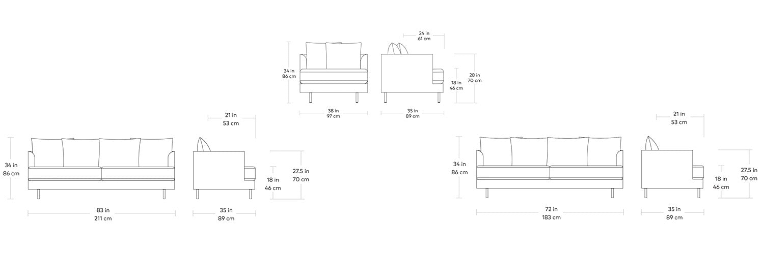 Margot, canapés et fauteuils confortables en tissu ou en velours par Gus* Modern, dimensions