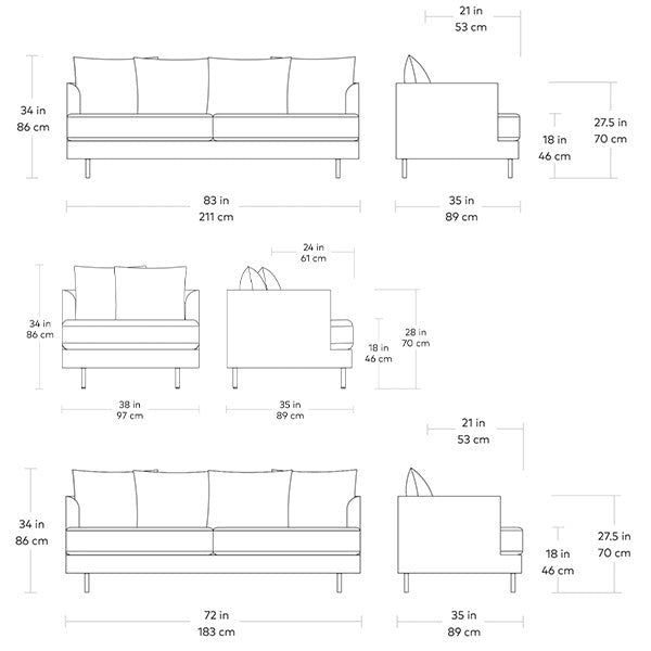 Margot, canapés et fauteuils confortables en tissu ou en velours par Gus* Modern, dimensions