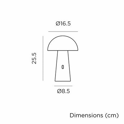 Lampe de table Shitake : abat-jour ajustable, autonomie longue durée, design sophistiqué pour intérieur et extérieur. Dimensions.