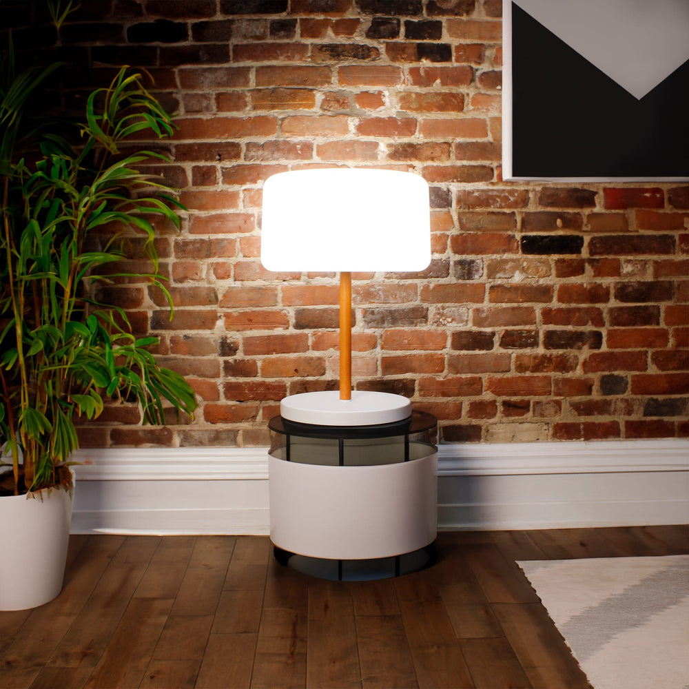 Chloe Plant par Newgarden : lampe sur pied polyvalente en bois et polyéthylène, idéale pour jardin, terrasse et salon avec gradateur d'intensité.