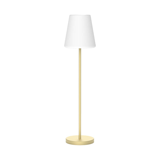 Lampe sur pied Lola Slim 180 : LED 800 lumens, base métallique, polyéthylène blanc, IP65, idéale pour éclairer élégamment intérieur et extérieur. Laiton, batterie rechargeable et solaire.