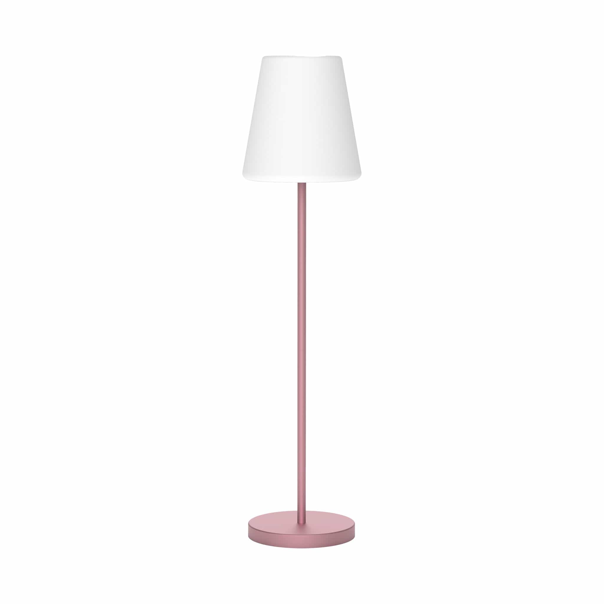 Découvrez Lola Slim 180 de Newgarden : lampe LED sur pied, ø15.7" x 69.7", 800 lumens, base métallique raffinée, polyéthylène blanc, adaptabilité intérieur/extérieur. Rose gold, batterie rechargeable et solaire.