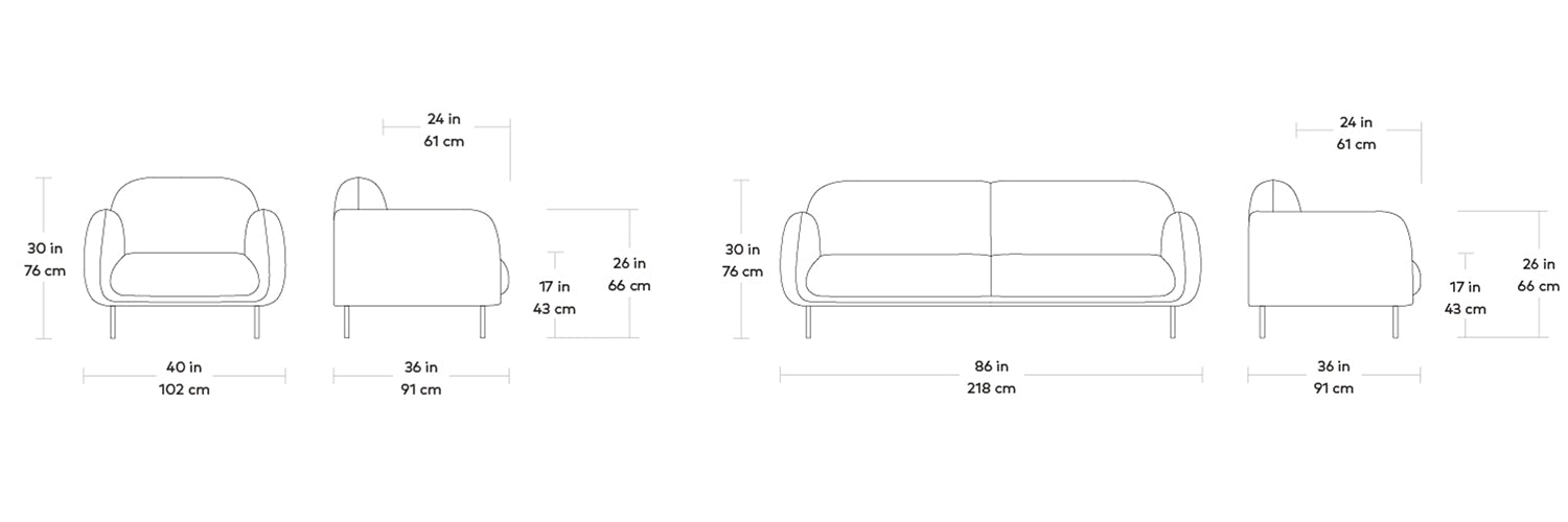 Nord, fauteuils et sofas en tissu par Gus* Modern, dimensions