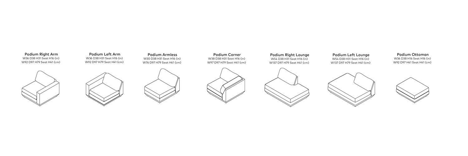 Podium, sofas personnalisables par Gus* Modern, dimensions