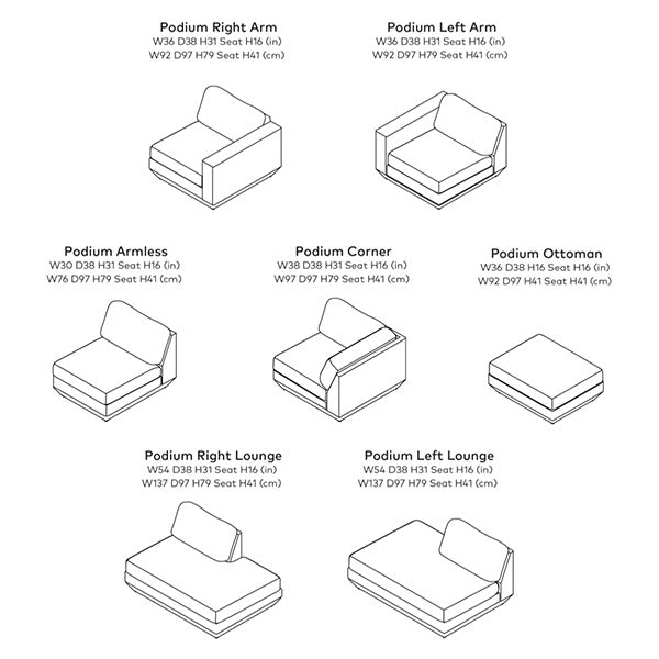 Podium, sofas personnalisables par Gus* Modern, dimensions