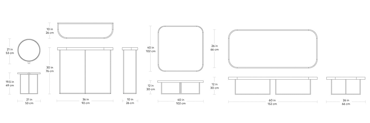 Porter, tables par Gus* Modern, dimensions 