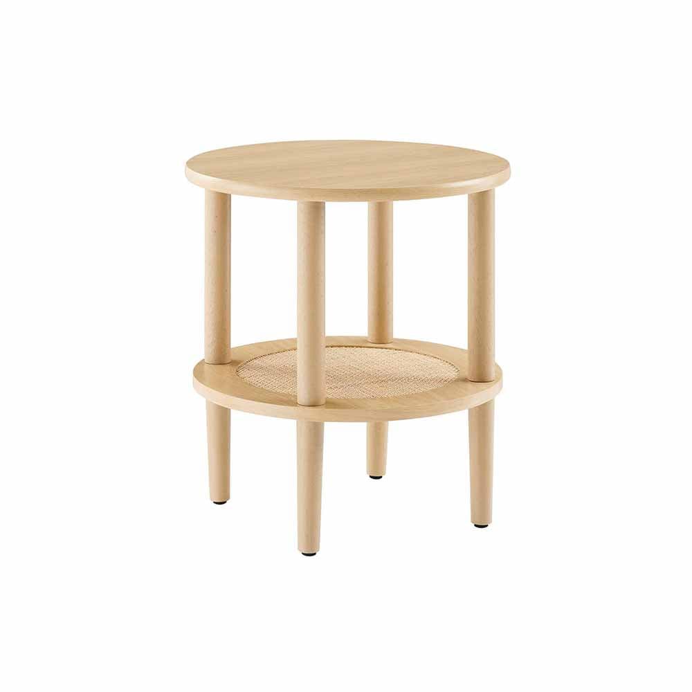 Table d'appoint Loras : élégance moderne et robustesse. Design rond, finition grain de bois, panneaux de particules et MDF. Pieds droits et ronds pour stabilité. Parfaite pour salon, chambre, bureau.