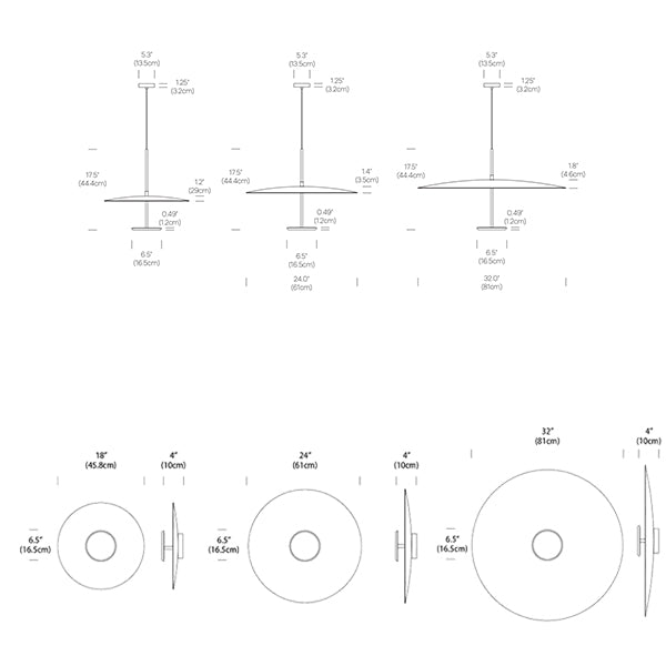 Sky Dome Flush, lampes suspendues ou murales en forme de disque, par Pablo Designs, dimensions