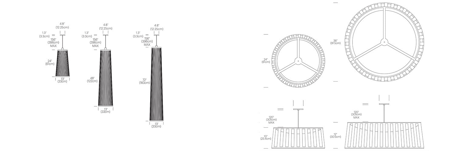 Solis, lampes suspendues avec des lamelles de tissu par Pablo Designs, dimensions.