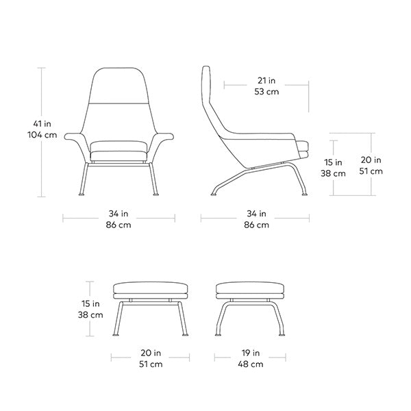 Tallinn, fauteuils et ottomans en tissu par Gus* Modern, dimensions