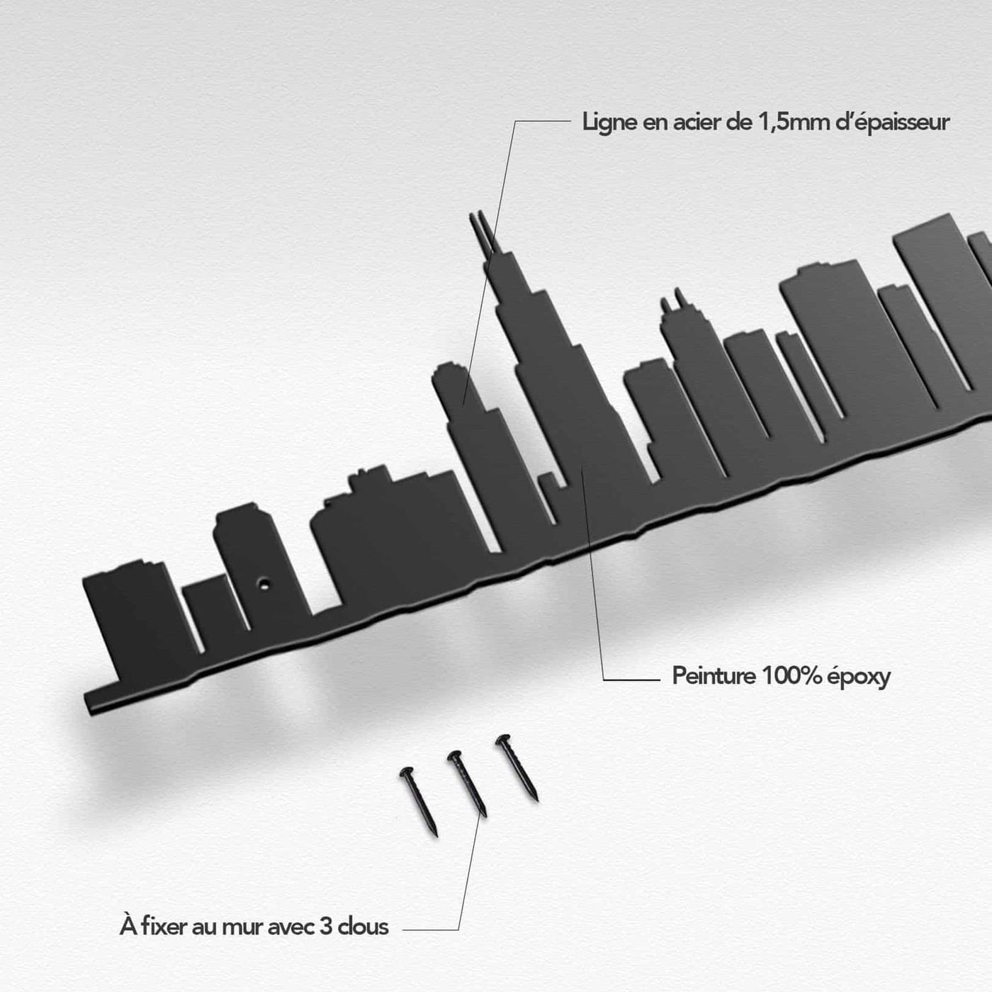 La silhouette de Chicago de The Line, vue depuis les rives du lac Michigan, incarne l'essence dynamique de la ville. Parfaite pour ceux qui admirent son histoire et son architecture.