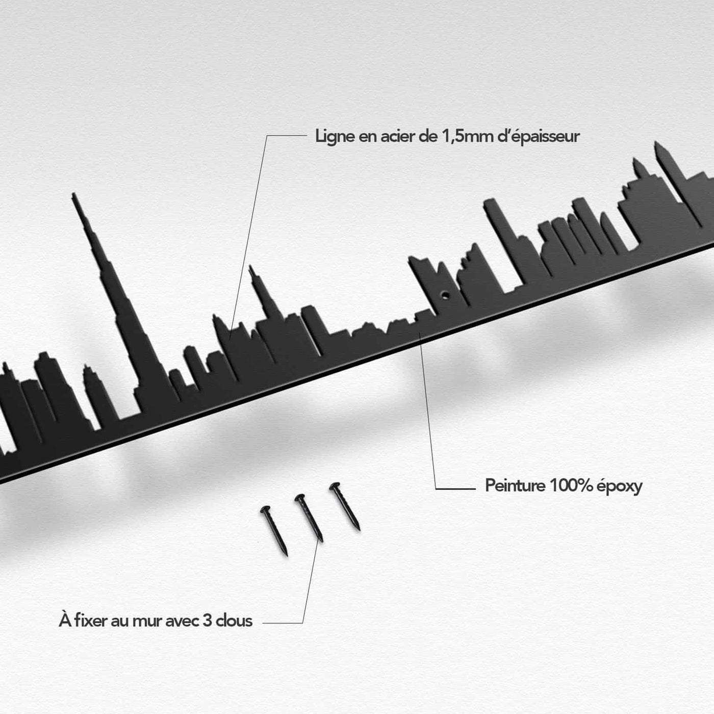 Capturez l'énergie et l'audace de Dubaï avec la silhouette murale de The Line, mettant en valeur les gratte-ciel emblématiques de la ville. Parfait pour les admirateurs de modernité.