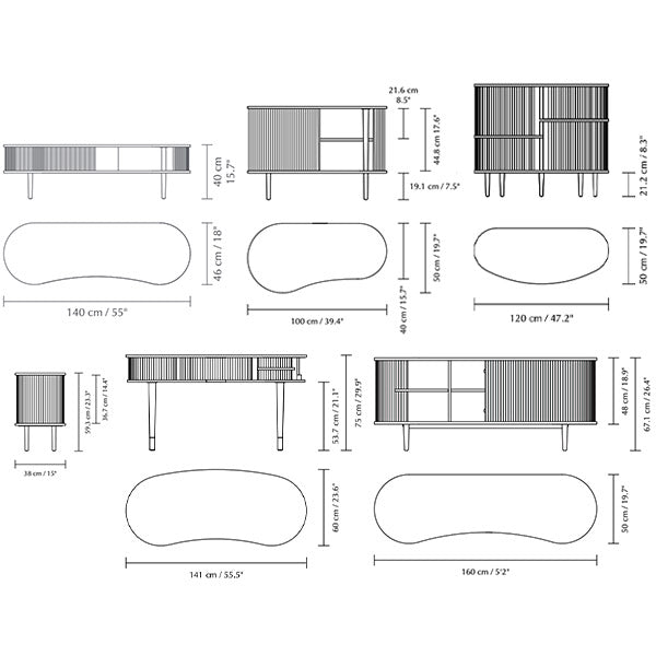 Umage Audacious, collection de meuble comprenant des buffets, un bureau, une table d'appoint, en bois et tissu, dimensions