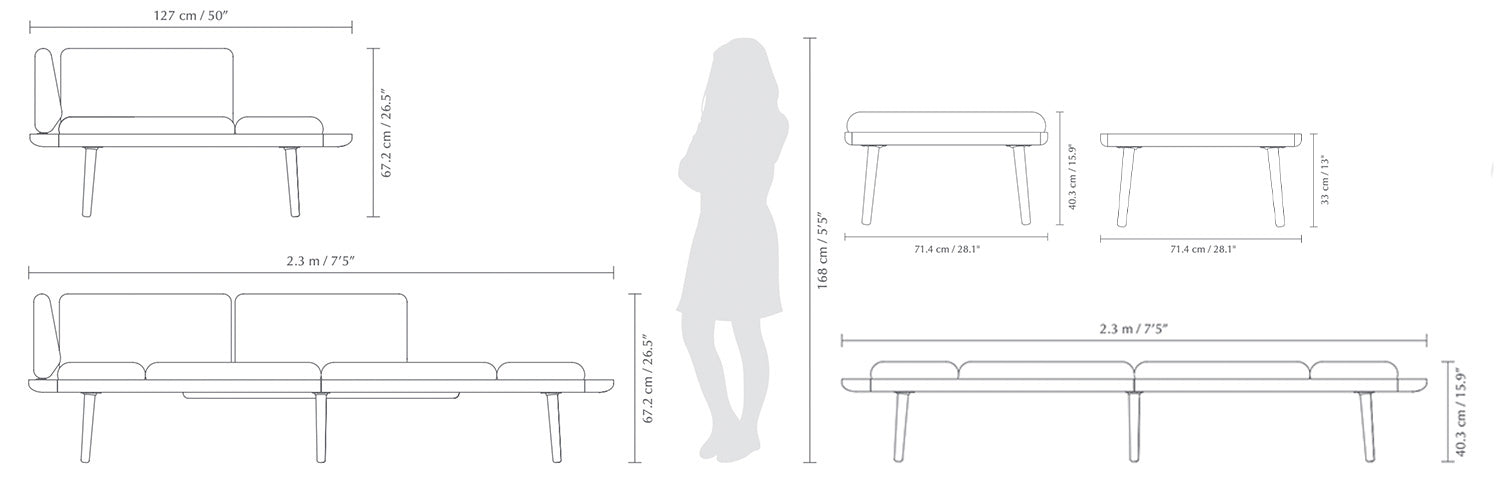 Lounge Around, sofa modulable, par Umage, dimensions