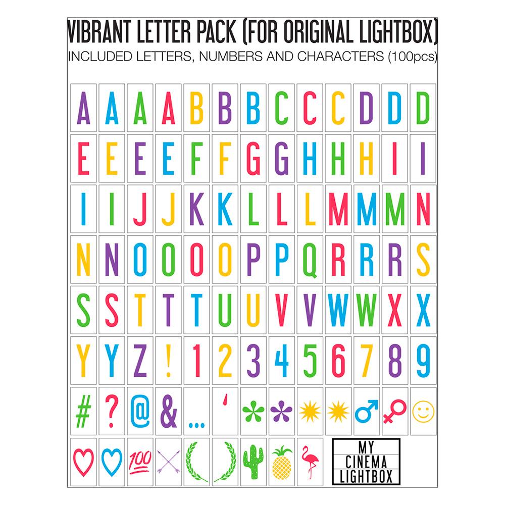 100 lettres, chiffres et symboles colorés pour votre boîte lumineuse Amped and Co. Créez des messages inspirants et amusants en toute simplicité.