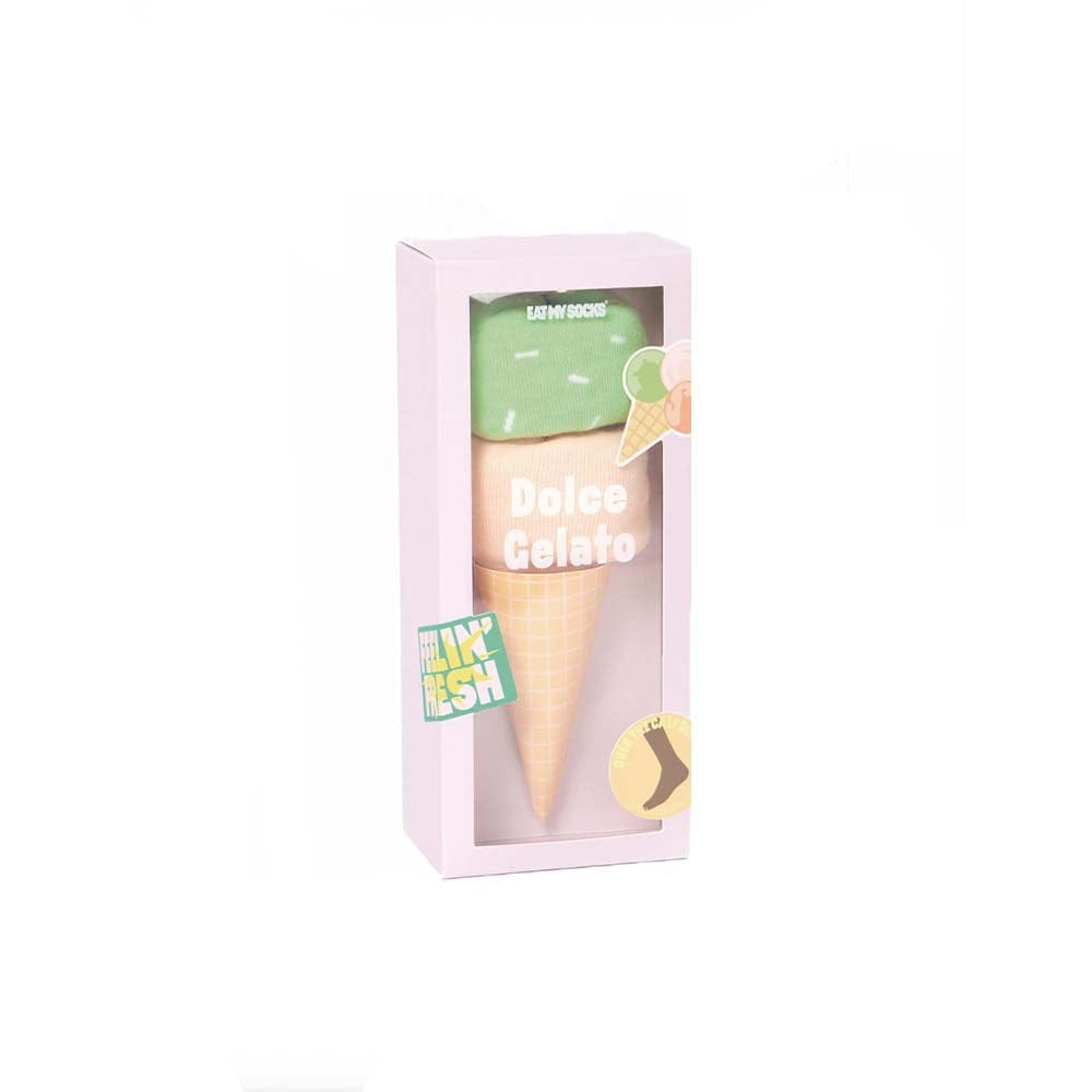 Laissez-vous surprendre avec les bas Dolce Gelato d'Eat My Socks. Un packaging en forme de glace et une journée rafraîchissante à chaque pas.