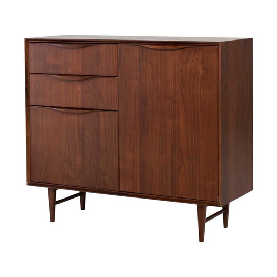 Buffet haut Mid-Century : combinaison parfaite de praticité et d'élégance. Poignées en noyer sculpté, compartiments spacieux et tiroirs coulissants offrent un rangement sophistiqué pour votre intérieur.