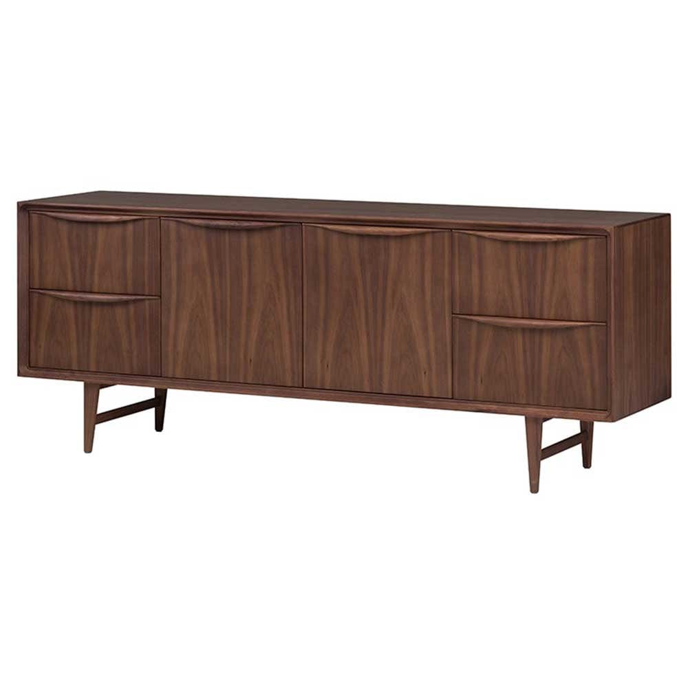 Buffet bas Elisabeth : style Mid-Century raffiné pour votre salle à manger. Poignées en noyer sculpté, construction robuste et design élégant pour un rangement optimal.