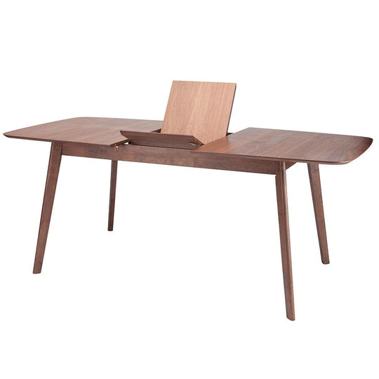 Table Loel, Mid-century moderne : esthétique épurée, plateau noyer. Extension pratique pour recevoir jusqu'à 2 invités. Élégance fonctionnelle.