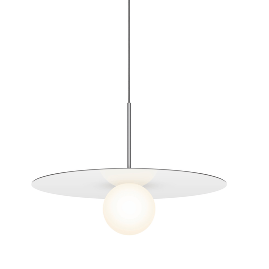 Pablo Designs Bola Disc, lampe suspendue LED avec un globe en verre et un abat-jour en forme de disque, en aluminium, blanc, 22ʼʼ