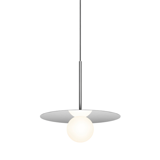 Pablo Designs Bola Disc, lampe suspendue LED avec un globe en verre et un abat-jour en forme de disque, en aluminium, chrome, 12ʼʼ