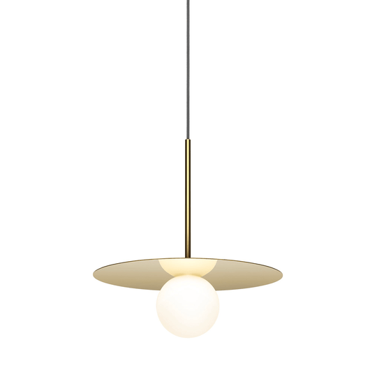 Pablo Designs Bola Disc, lampe suspendue LED avec un globe en verre et un abat-jour en forme de disque, en aluminium, laiton, 12ʼʼ